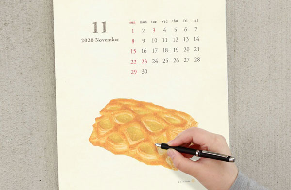 木版画とは思えないほどリアルなイラストが魅力の、おしゃれなパンのカレンダー2020年版